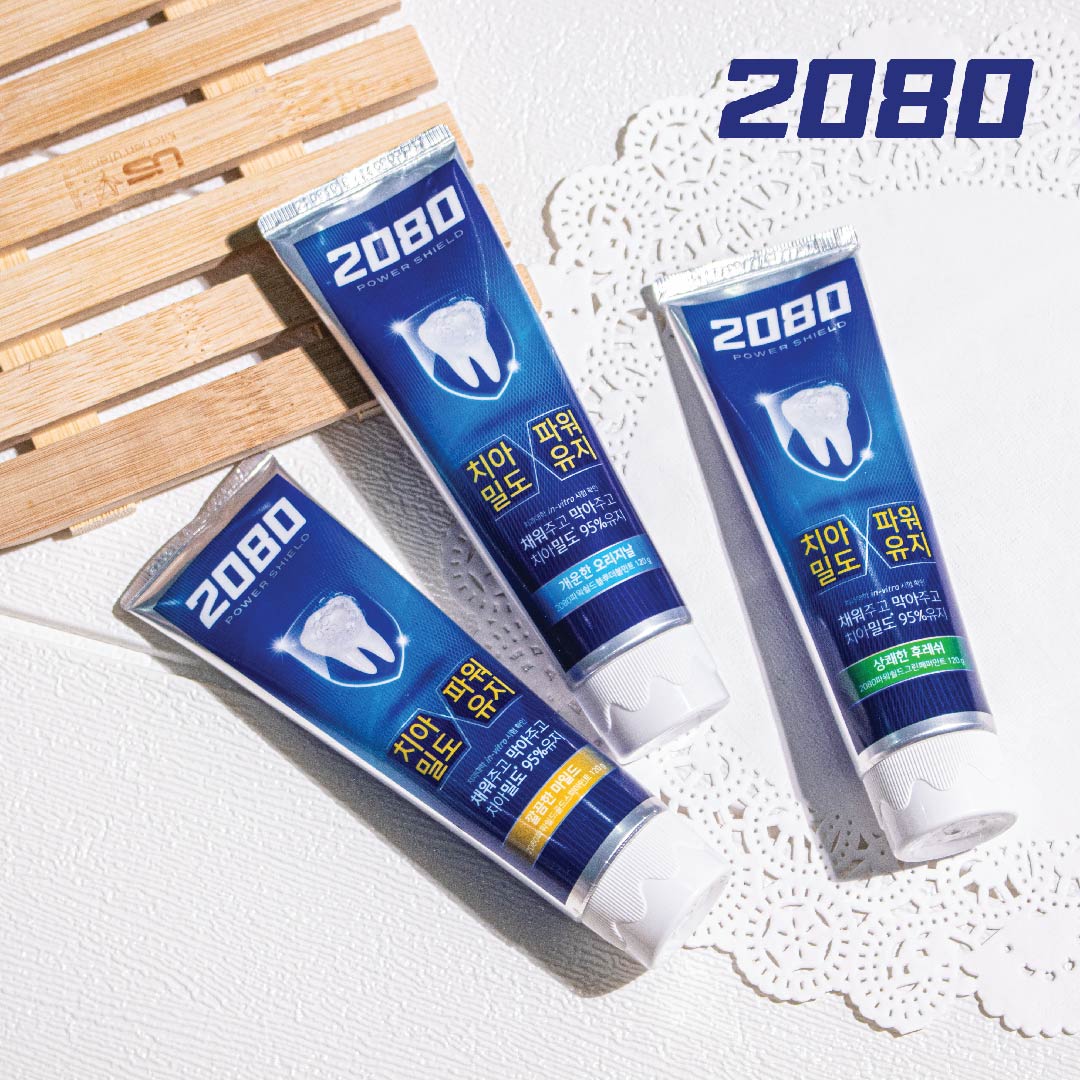 2080 Power Shield Blue Double Mint 120g ยาสีฟันขายดีของเกาหลี ให้ฟันแข็งแรง ขาวสะอาด ลดกลิ่นปาก คราบหินปูนและคราบพลัค มีสารฟลูออไรด์ป้องกันฟันผุ